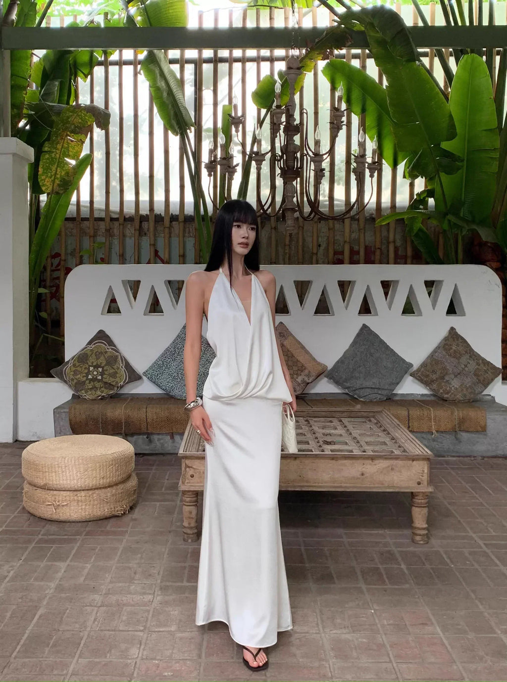 White Ethereal Mermaid Halter-Neck Draped Long Evening Dresses