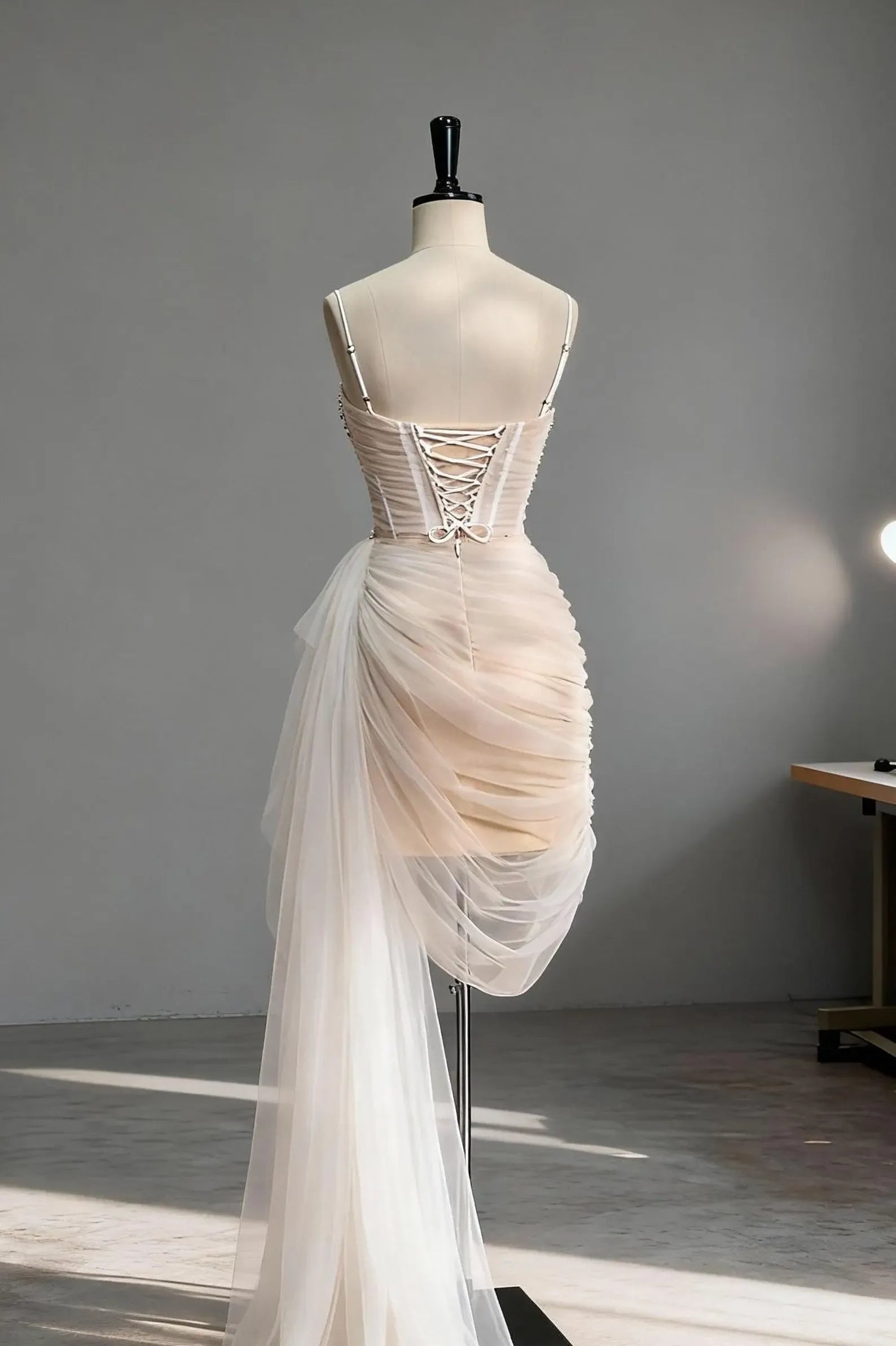 Ethereal Sheath Sweetheart Sleeveless Beaded Champagne Asymmetric Prom Dress For Women Custom
