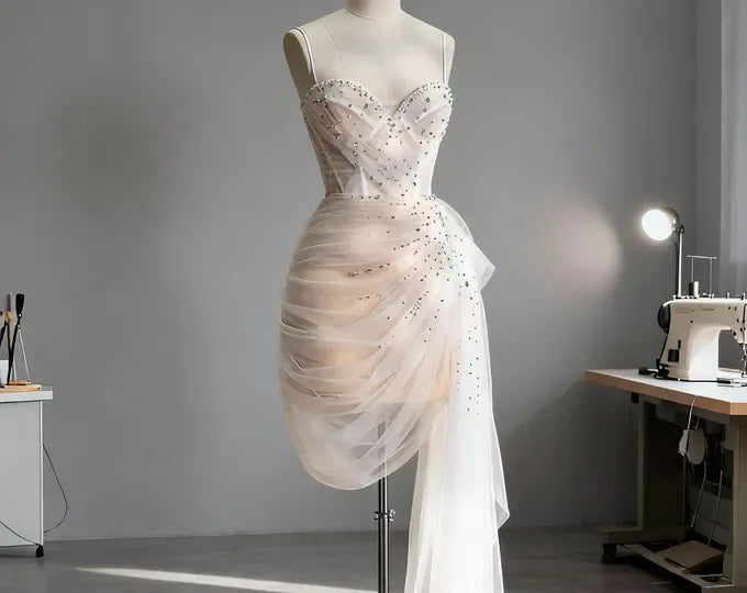Ethereal Sheath Sweetheart Sleeveless Beaded Champagne Asymmetric Prom Dress For Women Custom