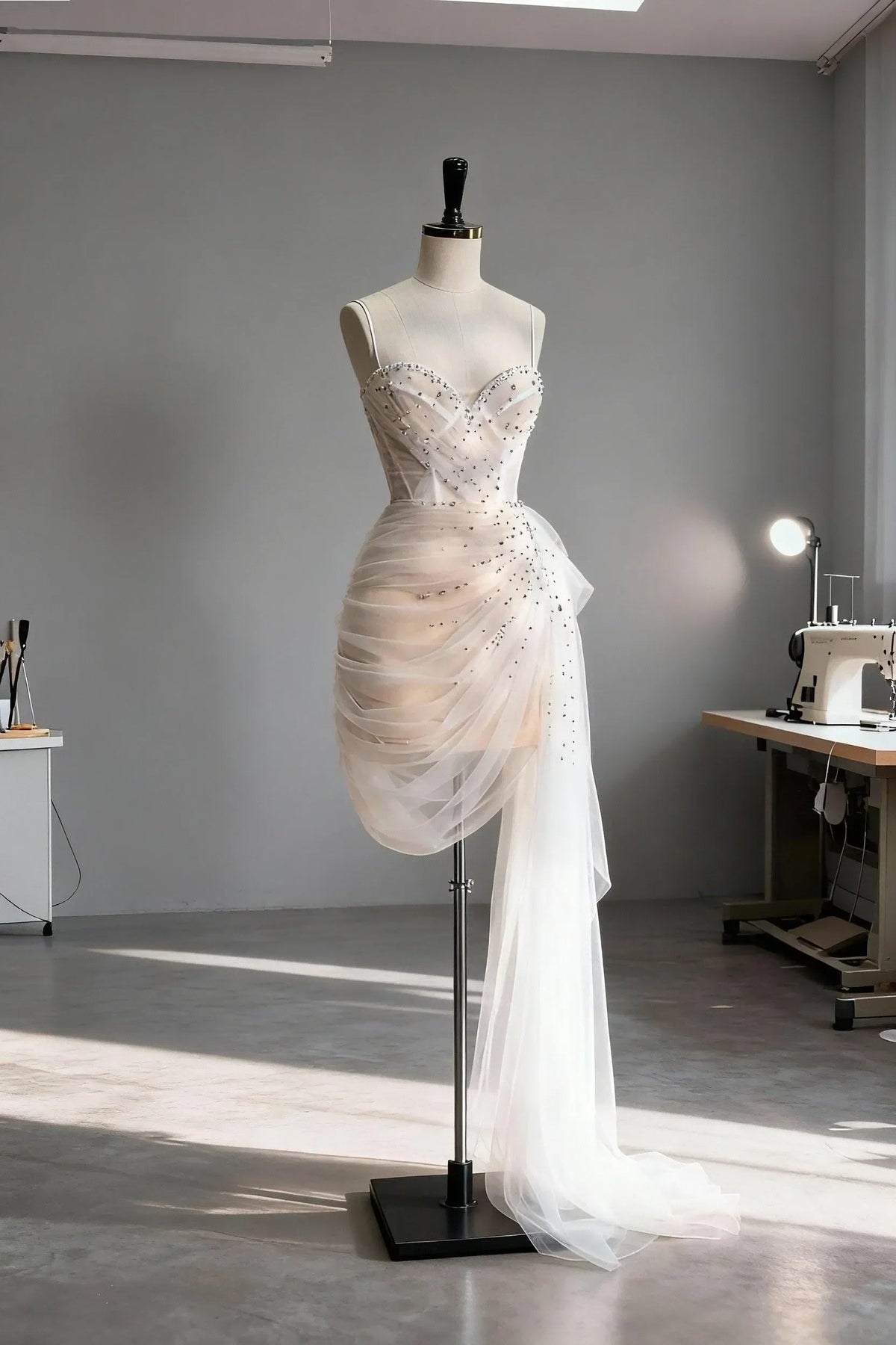 Ethereal Sheath Sweetheart Sleeveless Beaded Champagne Asymmetric Prom Dress For Women Custom