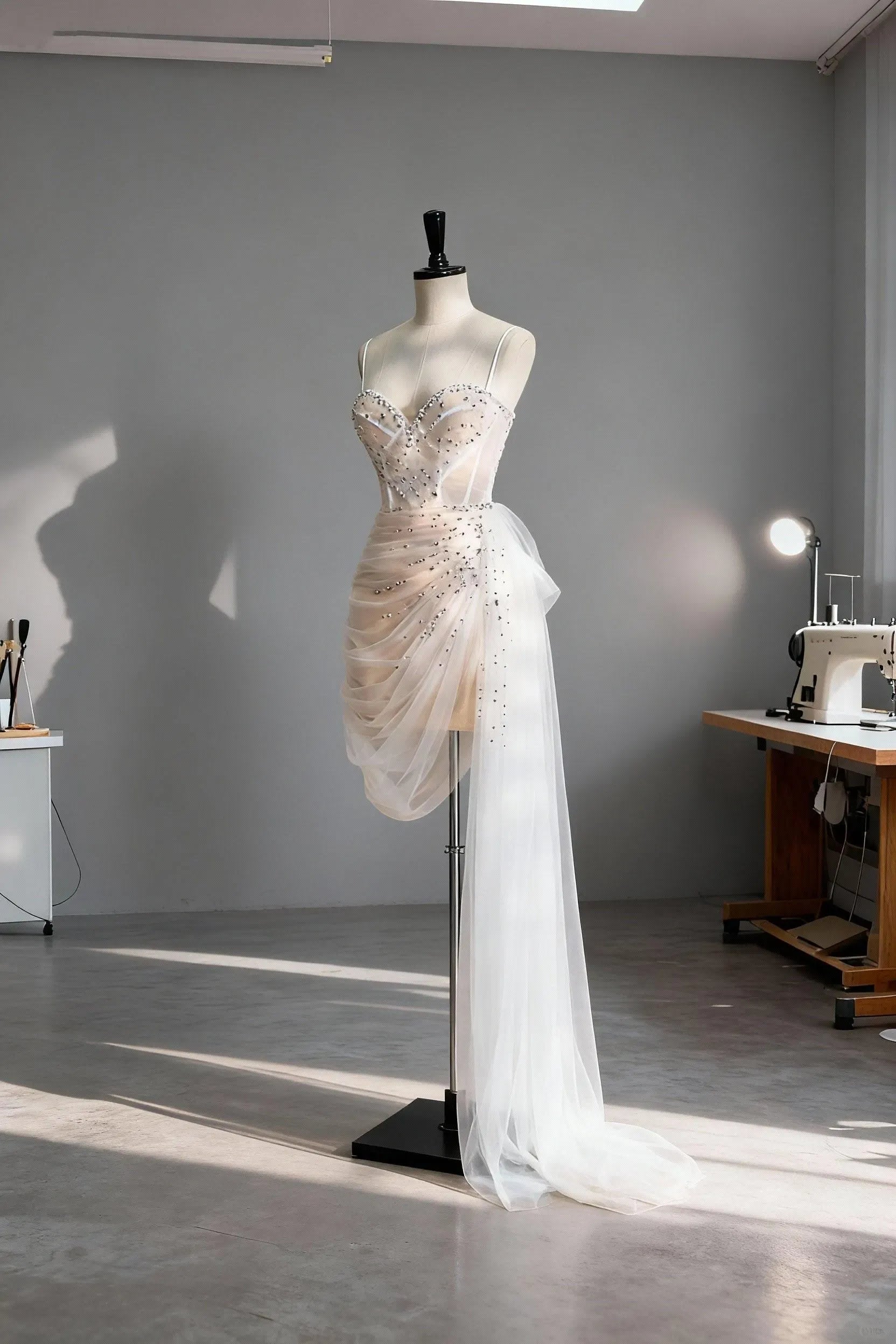 Ethereal Sheath Sweetheart Sleeveless Beaded Champagne Asymmetric Prom Dress For Women Custom