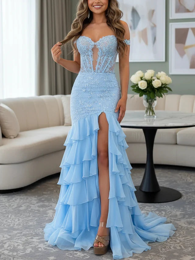 Sky Blue Ethereal Sky Mermaid Sweetheart Off-Shoulder Lace-Up-Back Floor-Length Prom Dresses With Layered