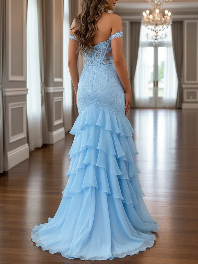 Sky Blue Ethereal Sky Mermaid Sweetheart Off-Shoulder Lace-Up-Back Floor-Length Prom Dresses With Layered