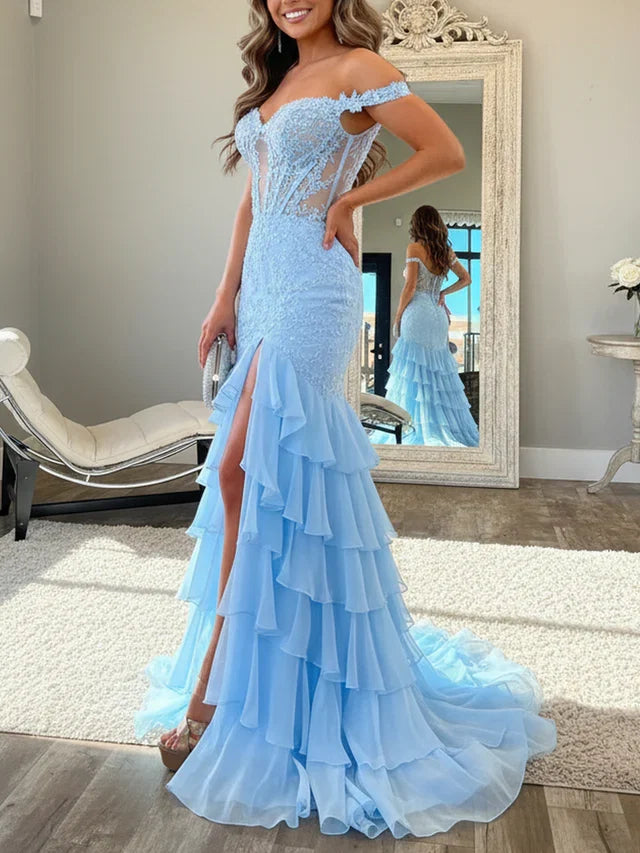 Sky Blue Ethereal Sky Mermaid Sweetheart Off-Shoulder Lace-Up-Back Floor-Length Prom Dresses With Layered