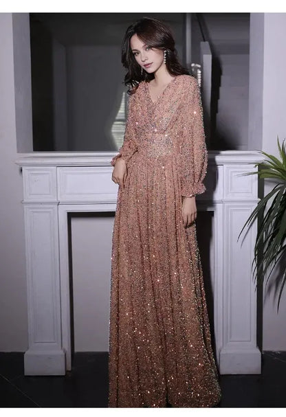 Graceful Stylish Refined Beautiful Timeless Elegant Sequin A-Line V-Neck Floor-Length Evening Dress