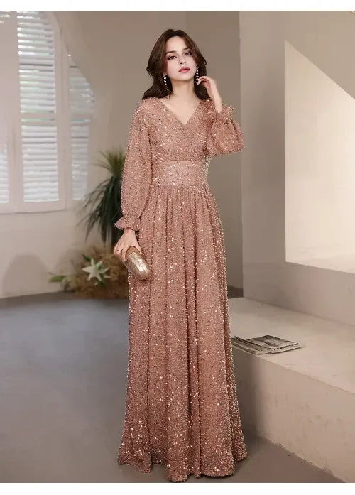Graceful Stylish Refined Beautiful Timeless Elegant Sequin A-Line V-Neck Floor-Length Evening Dress