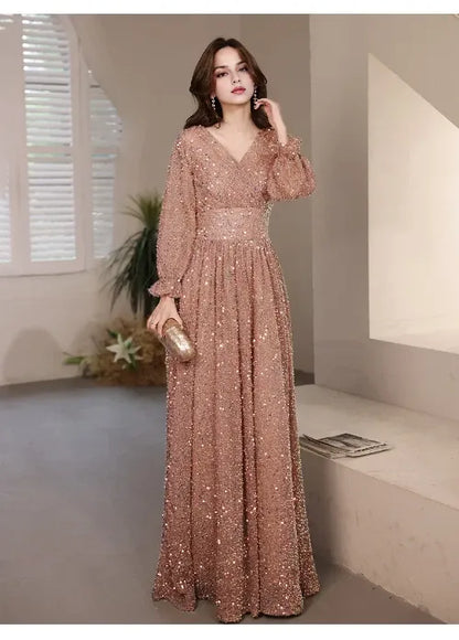 Graceful Stylish Refined Beautiful Timeless Elegant Sequin A-Line V-Neck Floor-Length Evening Dress