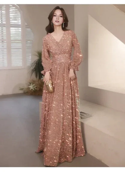 Graceful Stylish Refined Beautiful Timeless Elegant Sequin A-Line V-Neck Floor-Length Evening Dress