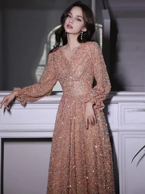 Graceful Stylish Refined Beautiful Timeless Elegant Sequin A-Line V-Neck Floor-Length Evening Dress