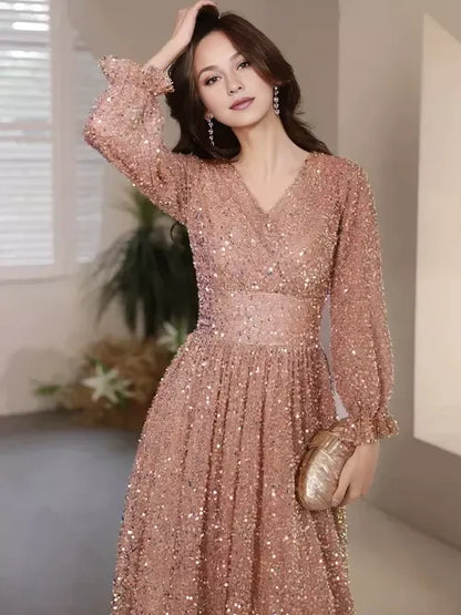 Graceful Stylish Refined Beautiful Timeless Elegant Sequin A-Line V-Neck Floor-Length Evening Dress