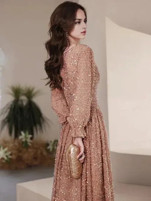 Graceful Stylish Refined Beautiful Timeless Elegant Sequin A-Line V-Neck Floor-Length Evening Dress