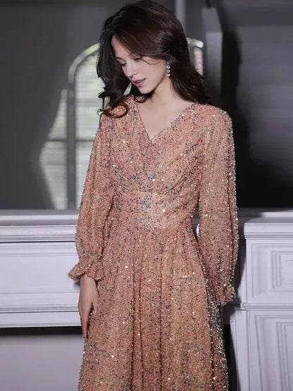 Graceful Stylish Refined Beautiful Timeless Elegant Sequin A-Line V-Neck Floor-Length Evening Dress