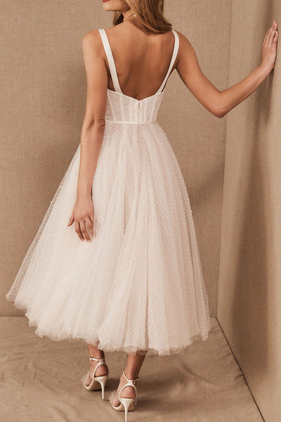 White Exclusive Wedding Dresses T-Length A-Line Sweetheart Pearls Spaghetti Straps Tea Length Bridal Dress