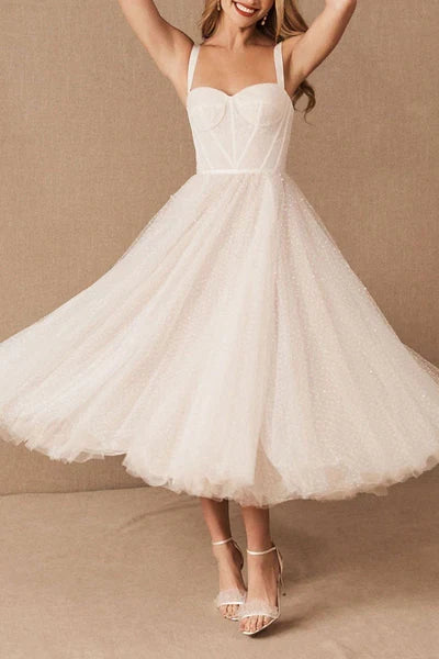 White Exclusive Wedding Dresses T-Length A-Line Sweetheart Pearls Spaghetti Straps Tea Length Bridal Dress