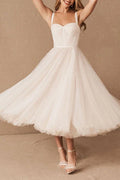 White Exclusive Wedding Dresses T-Length A-Line Sweetheart Pearls Spaghetti Straps Tea Length Bridal Dress