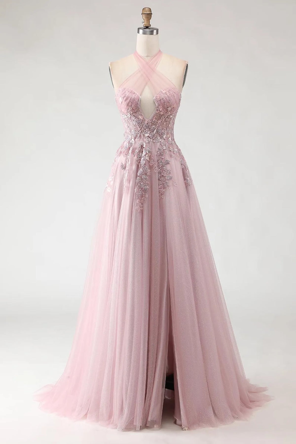 Special Occasion Sophisticated Graceful Stylish Elegant Tulle A-Line Halter Sleeveless Floor-Length Prom Dress