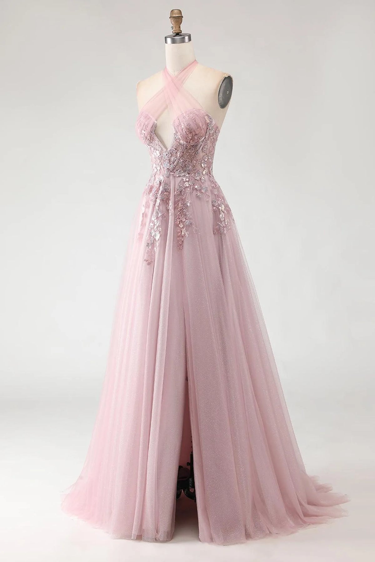 Special Occasion Sophisticated Graceful Stylish Elegant Tulle A-Line Halter Sleeveless Floor-Length Prom Dress