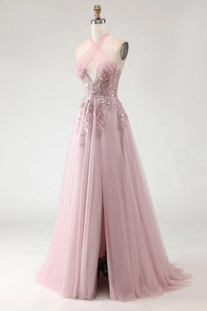 Special Occasion Sophisticated Graceful Stylish Elegant Tulle A-Line Halter Sleeveless Floor-Length Prom Dress