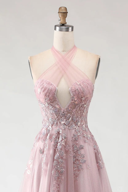 Special Occasion Sophisticated Graceful Stylish Elegant Tulle A-Line Halter Sleeveless Floor-Length Prom Dress