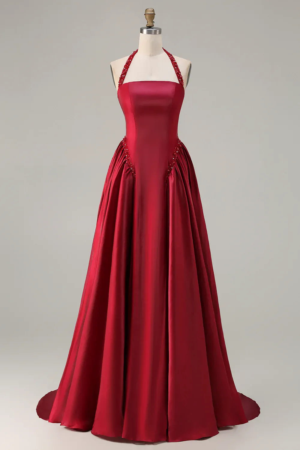 Timeless Special Occasion Sophisticated Elegant Red Satin Halter Sleeveless Floor-Length Prom Dress