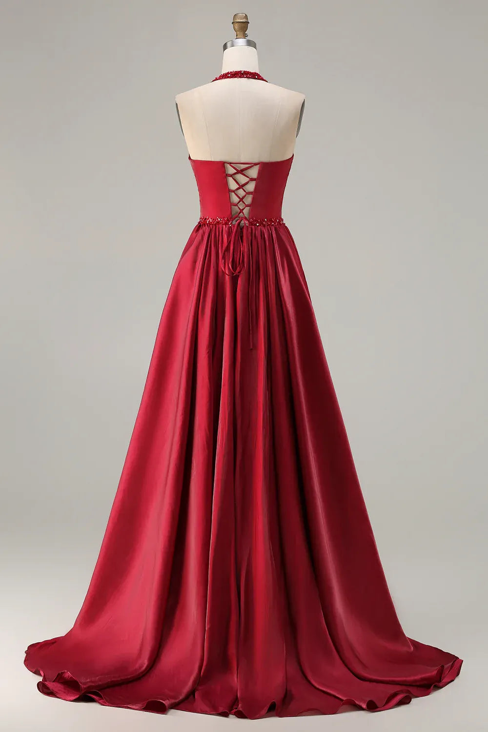 Timeless Special Occasion Sophisticated Elegant Red Satin Halter Sleeveless Floor-Length Prom Dress
