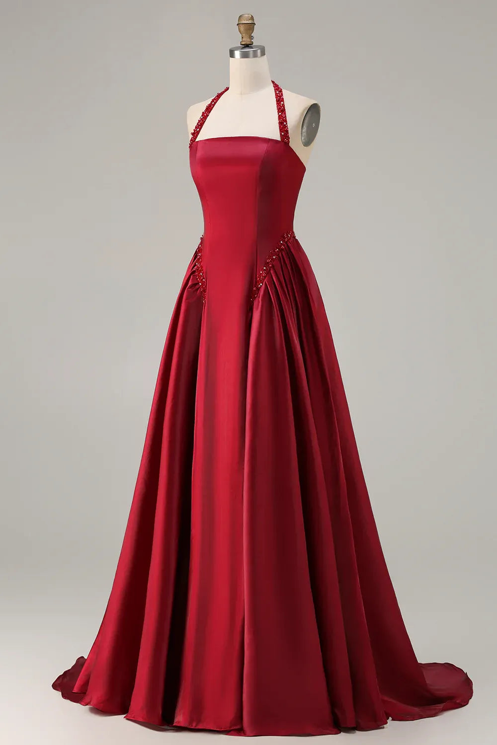 Timeless Special Occasion Sophisticated Elegant Red Satin Halter Sleeveless Floor-Length Prom Dress