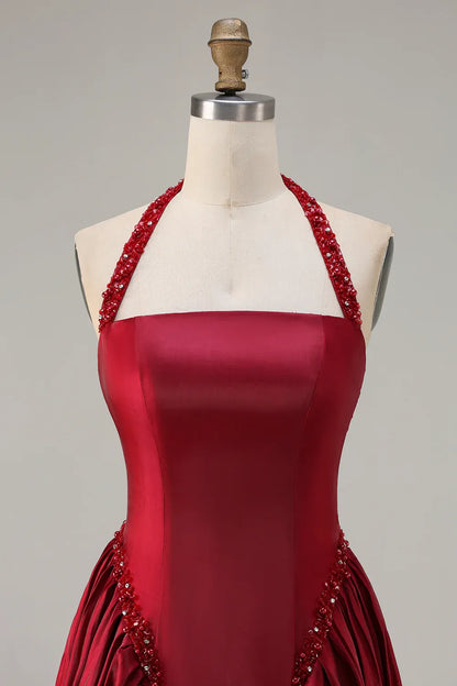 Timeless Special Occasion Sophisticated Elegant Red Satin Halter Sleeveless Floor-Length Prom Dress