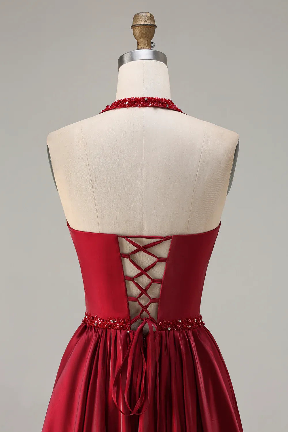 Timeless Special Occasion Sophisticated Elegant Red Satin Halter Sleeveless Floor-Length Prom Dress