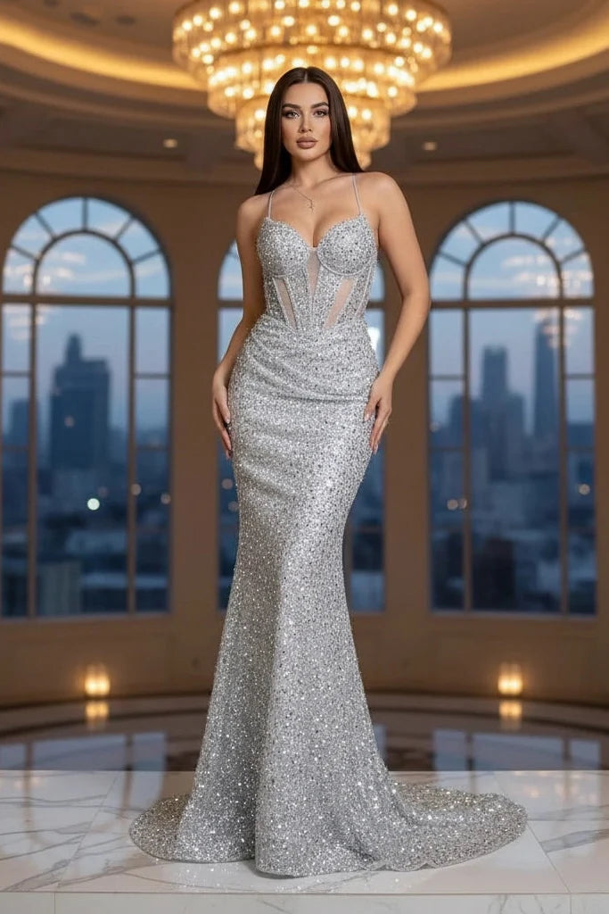 Special Occasion Sophisticated Graceful Stylish Elegant Silver Sequins Mermaid Sleeveless Evening Dress
