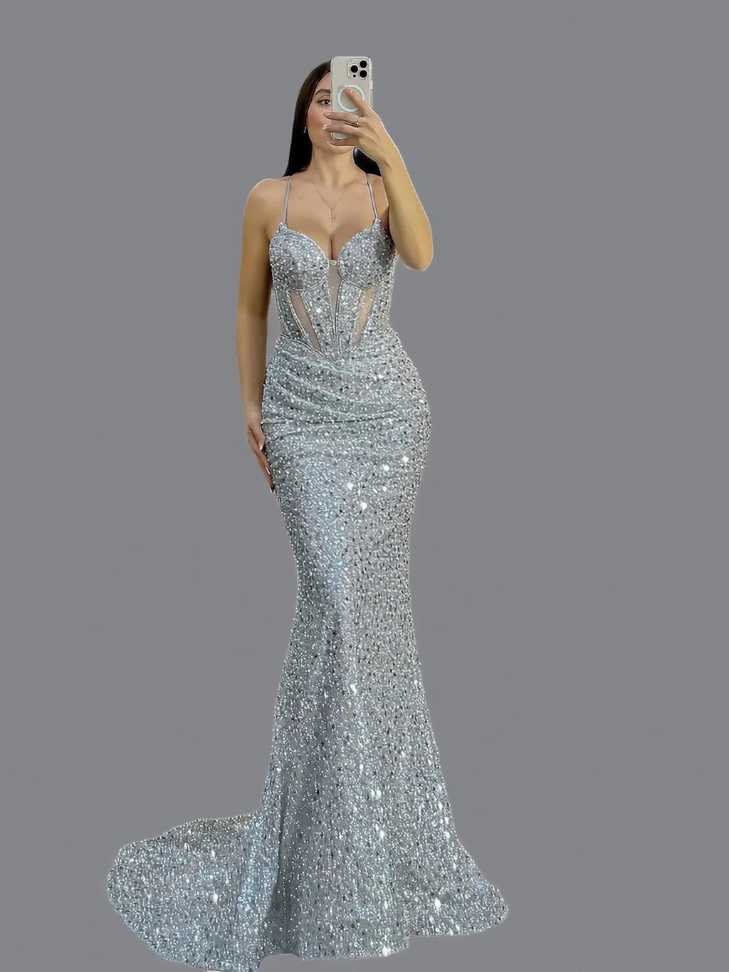 Special Occasion Sophisticated Graceful Stylish Elegant Silver Sequins Mermaid Sleeveless Evening Dress