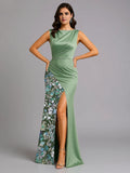 Elegant Sage Green Satin Mermaid Sleeveless Floor-Length Mother of the Bride Dress