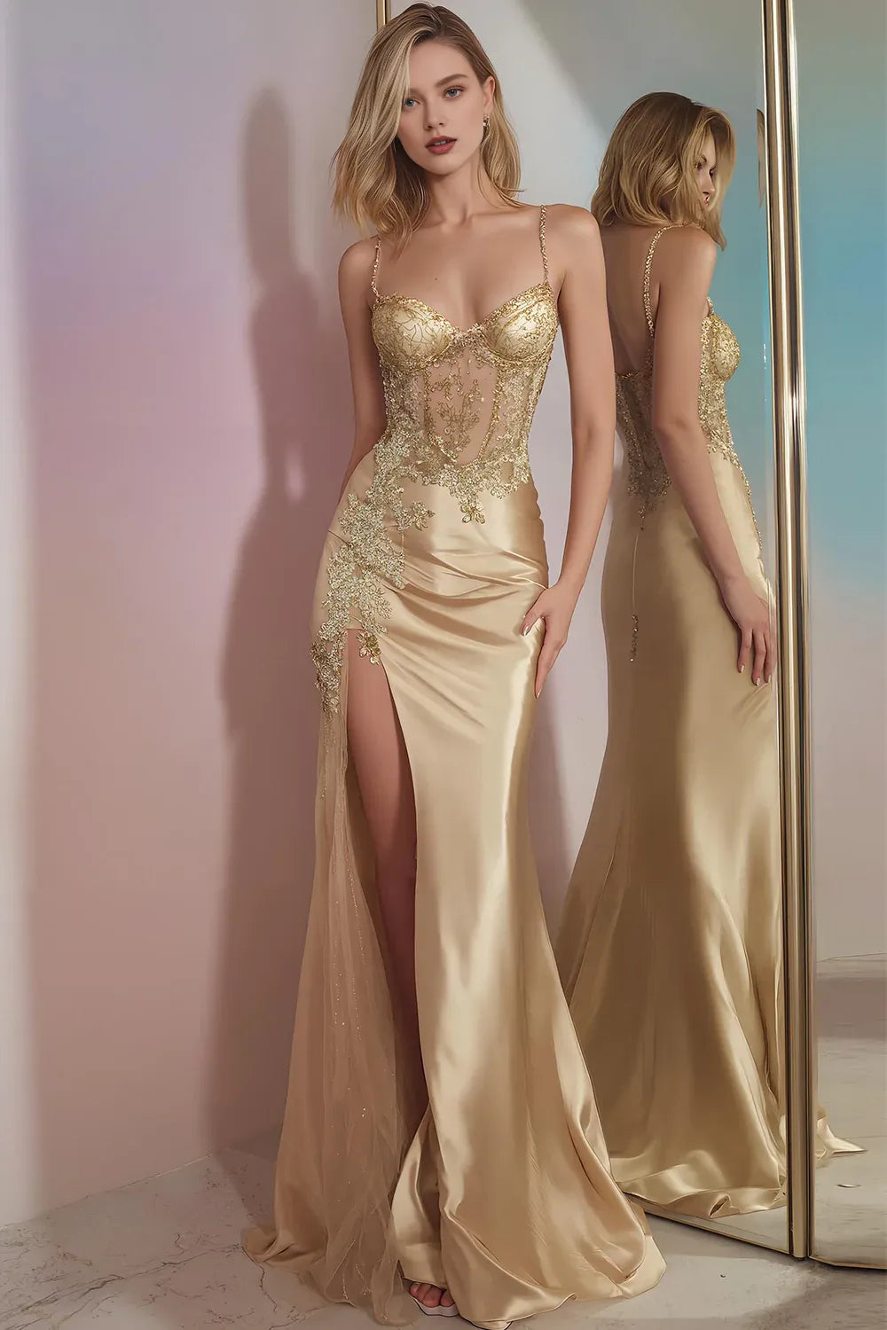 Timeless Special Occasion Sophisticated Graceful Elegant Champagne Satin Mermaid Sleeveless Prom Dress