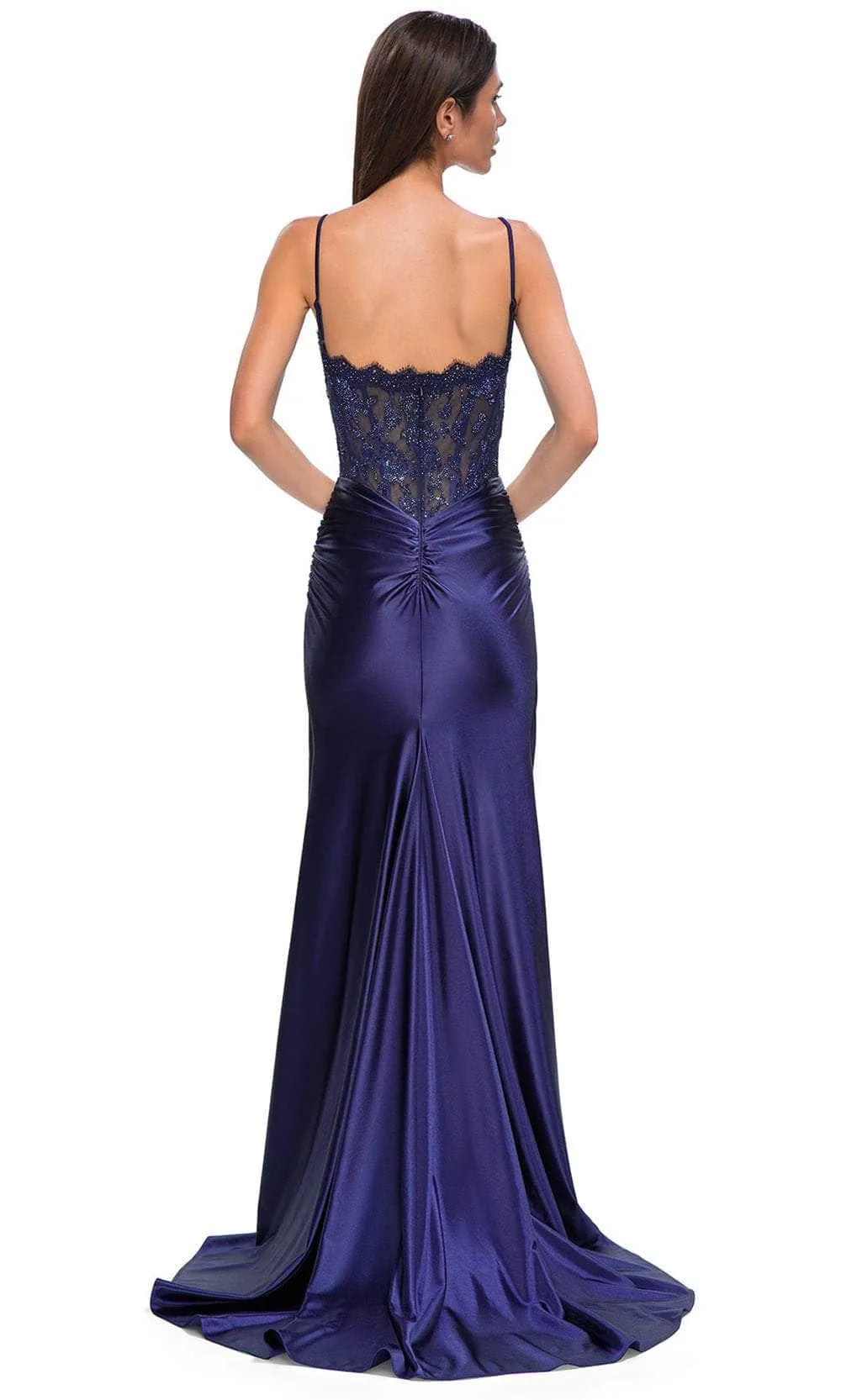 Navy Blue Exquisite Prom Gown with Sparkling Illusion Bodice and High Slit