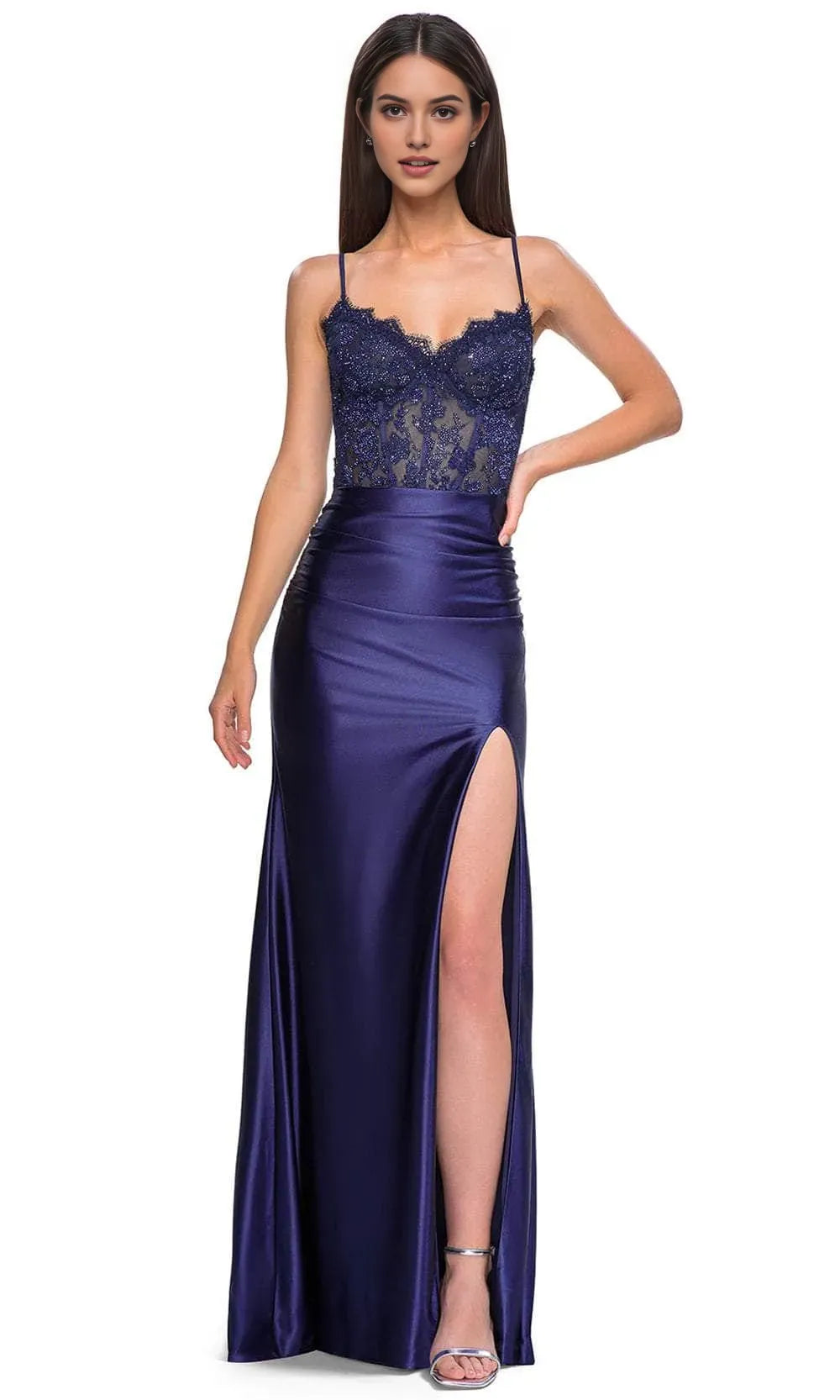 Navy Blue Exquisite Prom Gown with Sparkling Illusion Bodice and High Slit