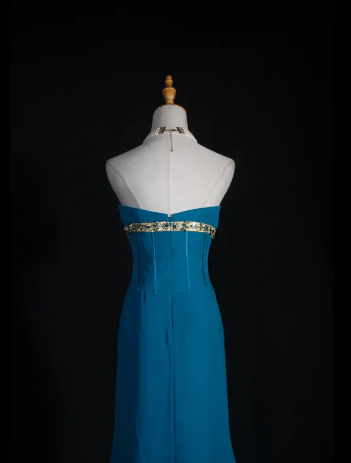 Teal Exquisite Sheath Strapless Ruffle Beaded Long Evening Dress