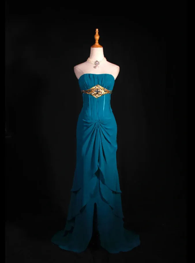 Teal Exquisite Sheath Strapless Ruffle Beaded Long Evening Dress