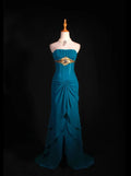 Teal Exquisite Sheath Strapless Ruffle Beaded Long Evening Dress