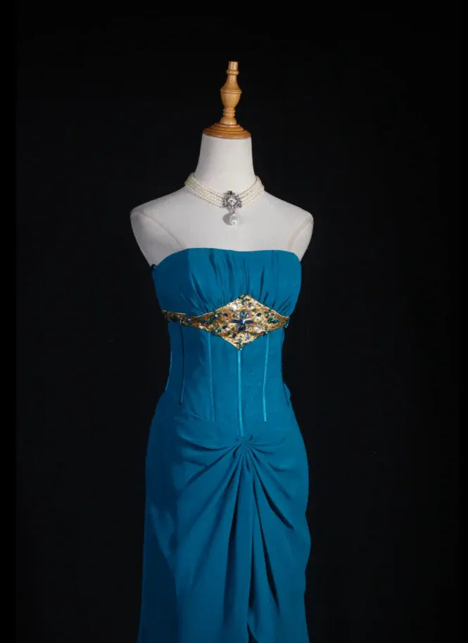 Teal Exquisite Sheath Strapless Ruffle Beaded Long Evening Dress