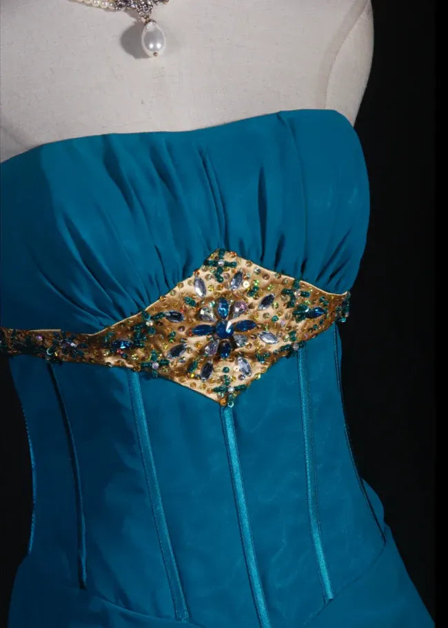 Teal Exquisite Sheath Strapless Ruffle Beaded Long Evening Dress