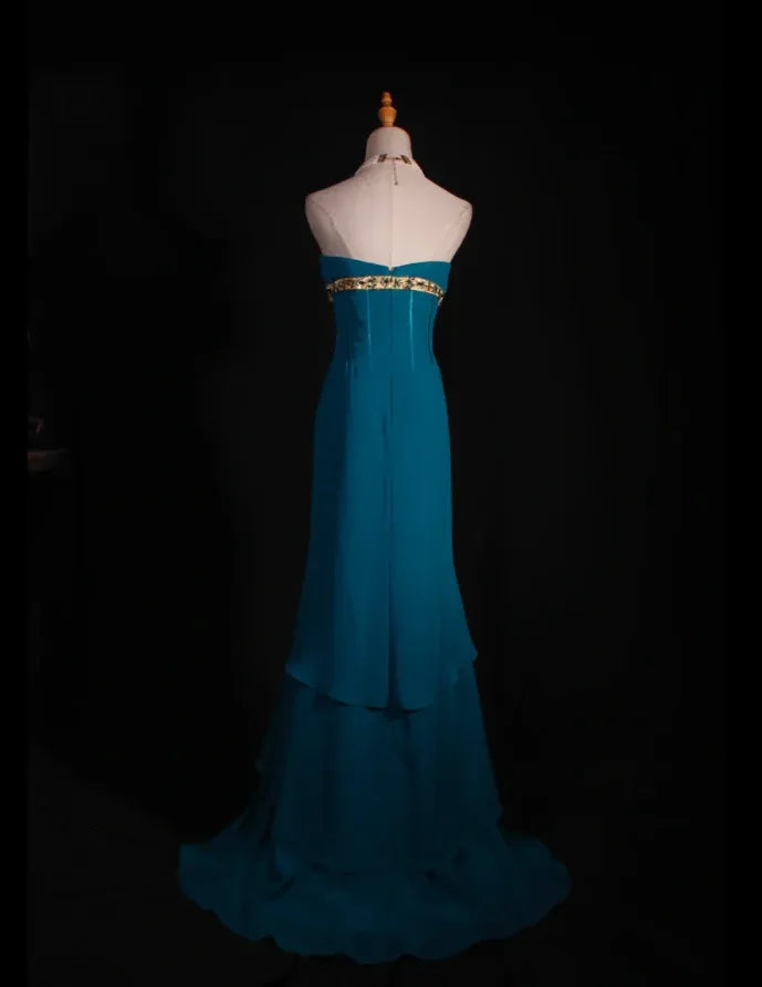 Teal Exquisite Sheath Strapless Ruffle Beaded Long Evening Dress