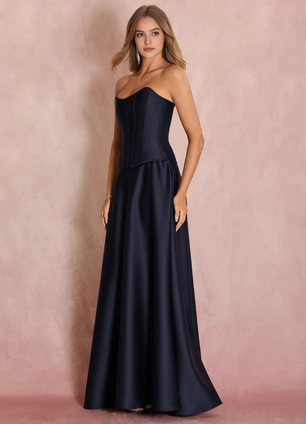 Navy Blue Exquisite Strapless Prom Gown with Structured Corset Bodice and Voluminous Ball - Gown Skirt for Formal
