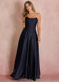 Navy Blue Exquisite Strapless Prom Gown with Structured Corset Bodice and Voluminous Ball - Gown Skirt for Formal
