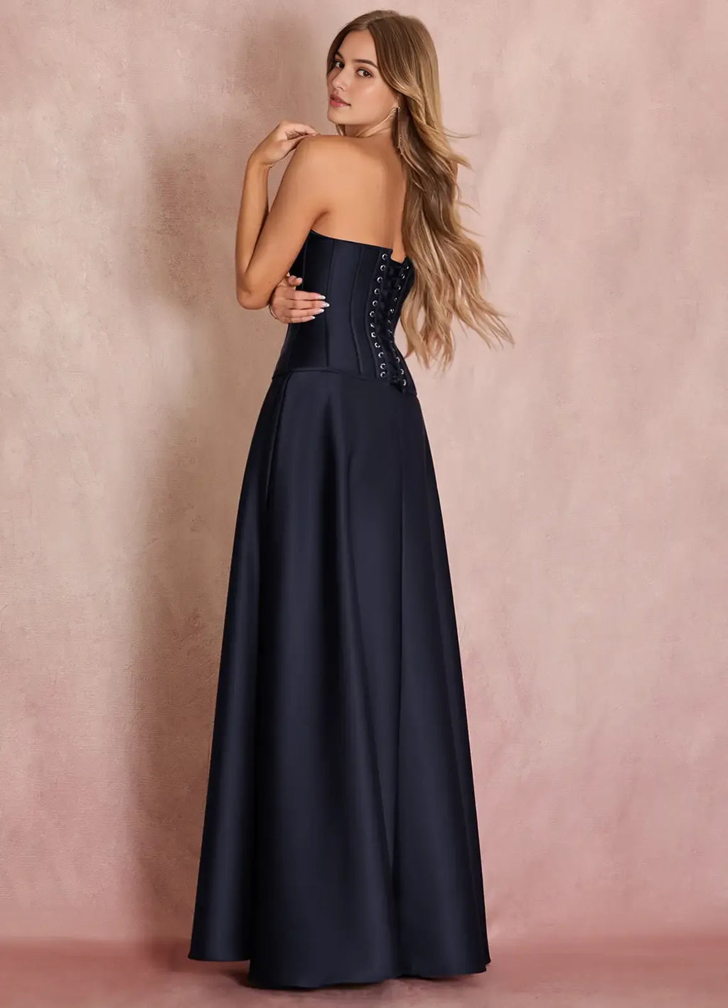 Navy Blue Exquisite Strapless Prom Gown with Structured Corset Bodice and Voluminous Ball - Gown Skirt for Formal
