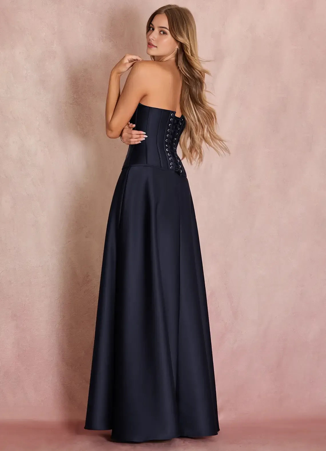 Navy Blue Exquisite Strapless Prom Gown with Structured Corset Bodice and Voluminous Ball - Gown Skirt for Formal