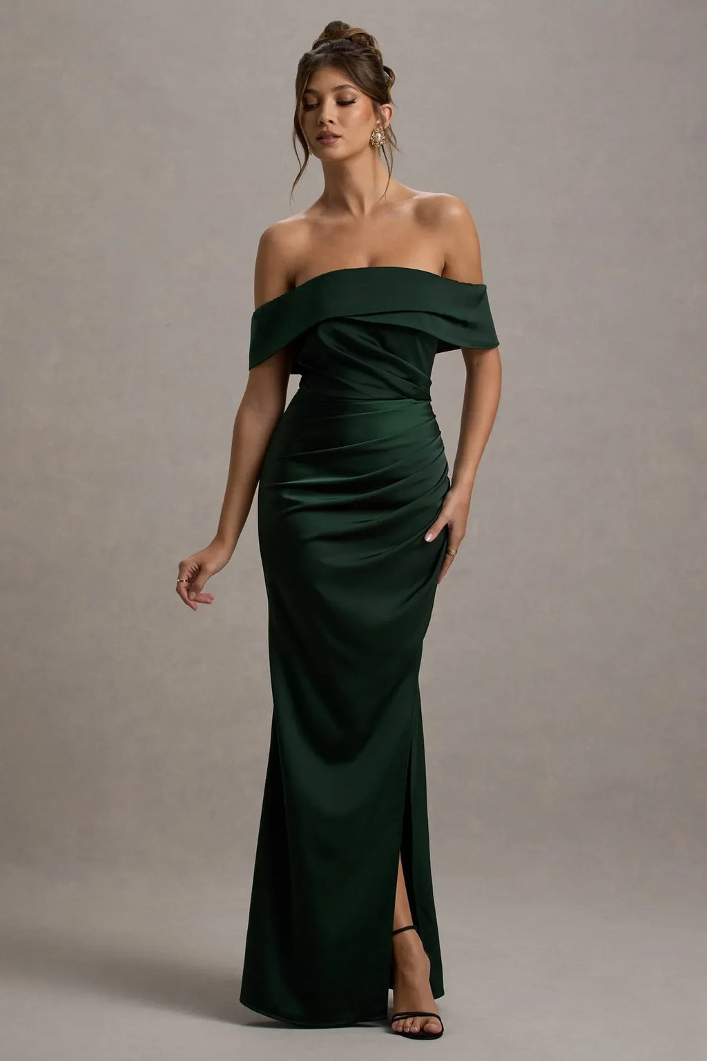Green Eye - Catching Dark Off - Shoulder Prom Dresses with Draped Bodice and Bold Side