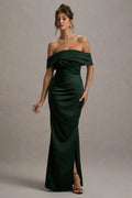 Green Eye - Catching Dark Off - Shoulder Prom Dresses with Draped Bodice and Bold Side