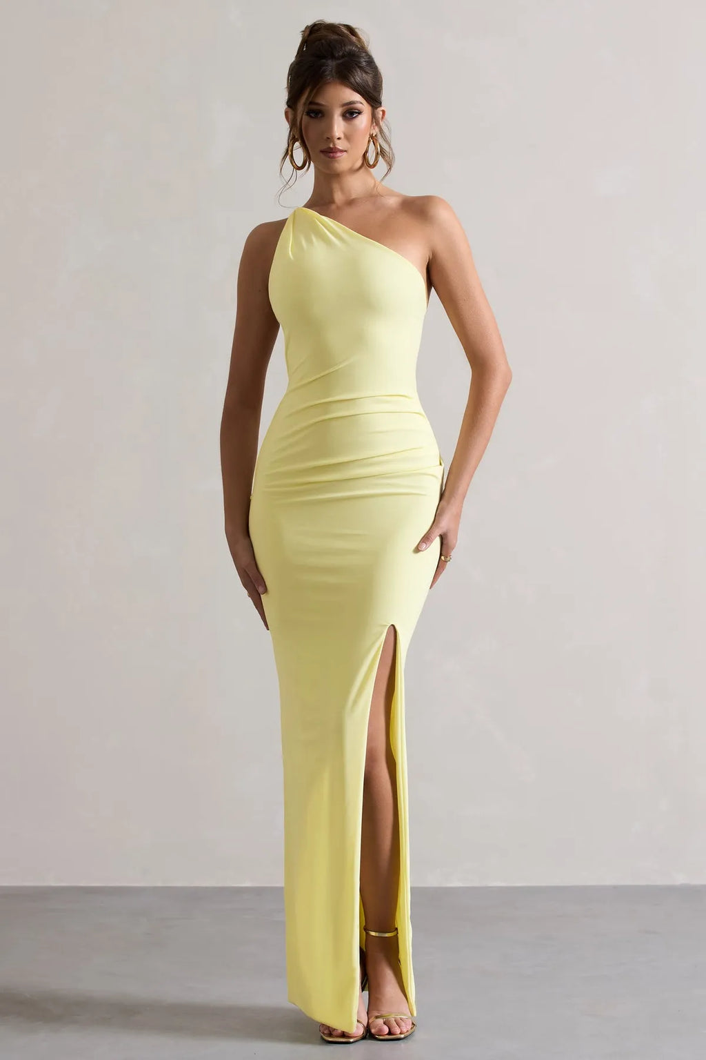 Yellow Eye Catching Lemon One Shoulder Prom Dresses Ruched Bodice High Side Slit Body Con Fit A Fusion of Vibrancy and Sophistication for Formal Galas