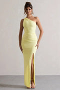 Yellow Eye Catching Lemon One Shoulder Prom Dresses Ruched Bodice High Side Slit Body Con Fit A Fusion of Vibrancy and Sophistication for Formal Galas