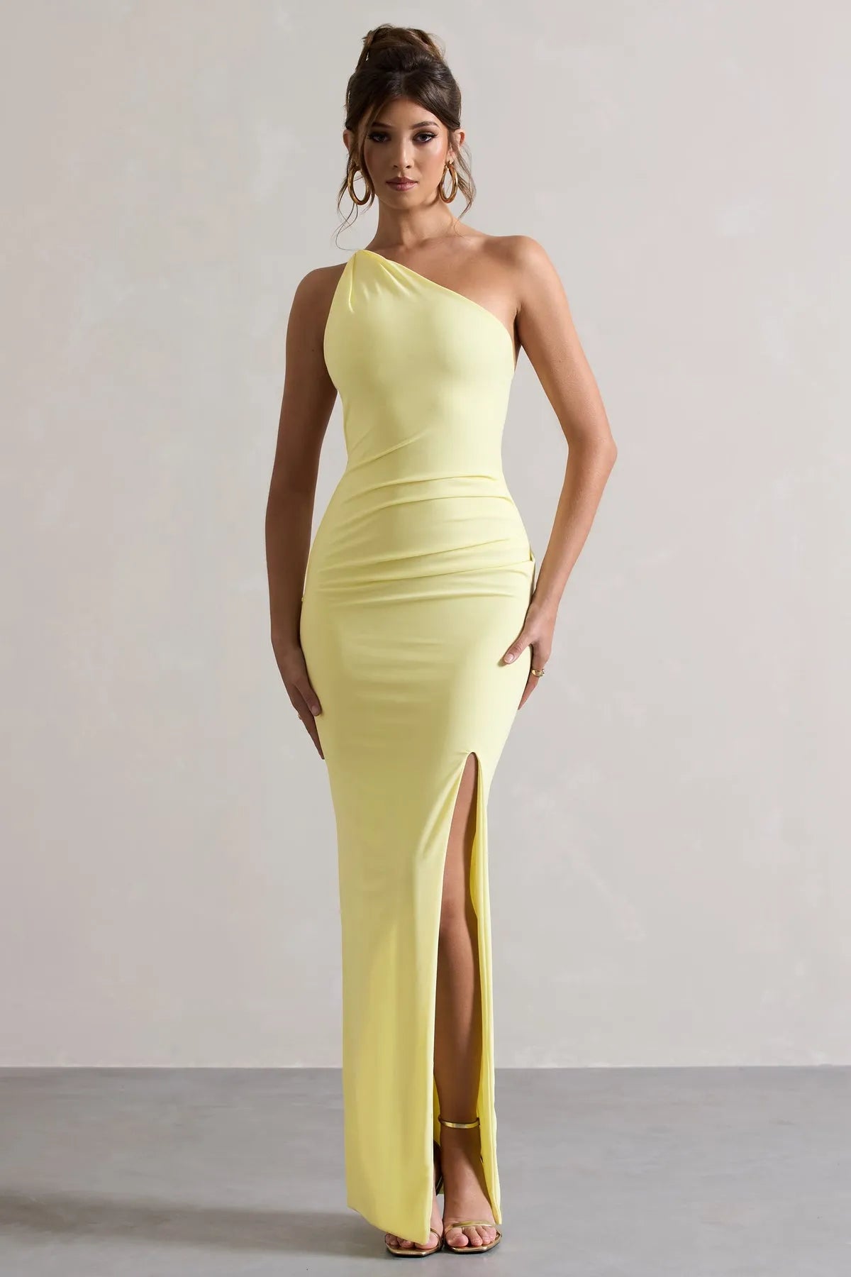 Yellow Eye Catching Lemon One Shoulder Prom Dresses Ruched Bodice High Side Slit Body Con Fit A Fusion of Vibrancy and Sophistication for Formal Galas