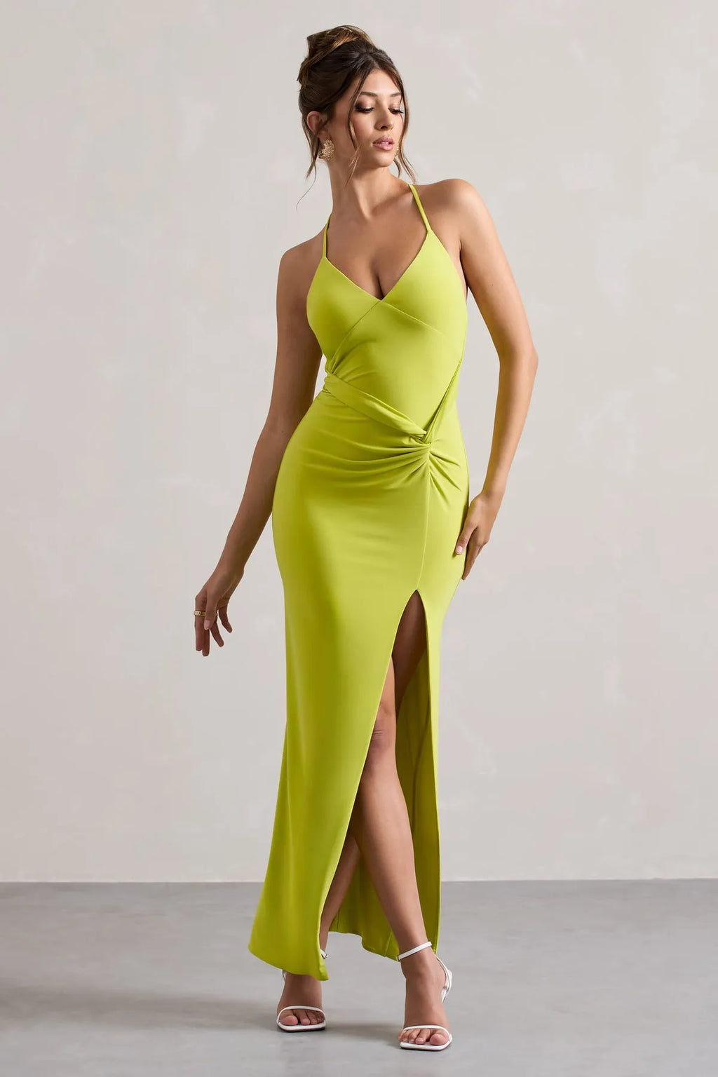 Green Eye Catching Lime Asymmetric Halter V - Neck Prom Dresses with Twisted Detail and High Side Slit The Ultimate Choice for Captivating Ballroom Affairs